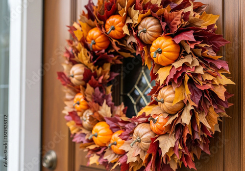 Vibrant Autumn Wreath Adorned with Mini Pumpkins on a Welcoming Wooden Door.