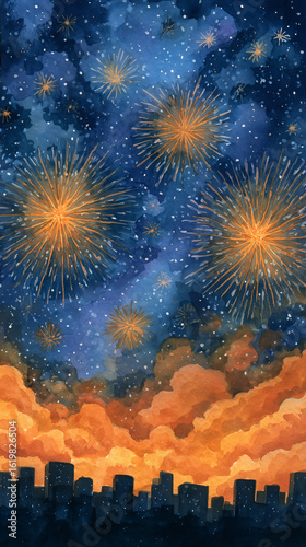 Colorful fireworks exploding over a city at night, with clouds and stars in the background. Ideal for festive visuals and design projects.