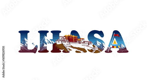 Lhasa with Tibet Landmark Illustration.
