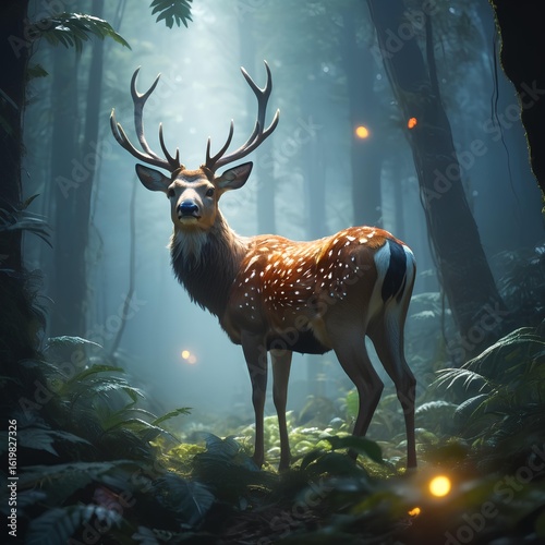 A majestic stag with impressive antlers standing in an enchanted forest illuminated by mystical light rays.
