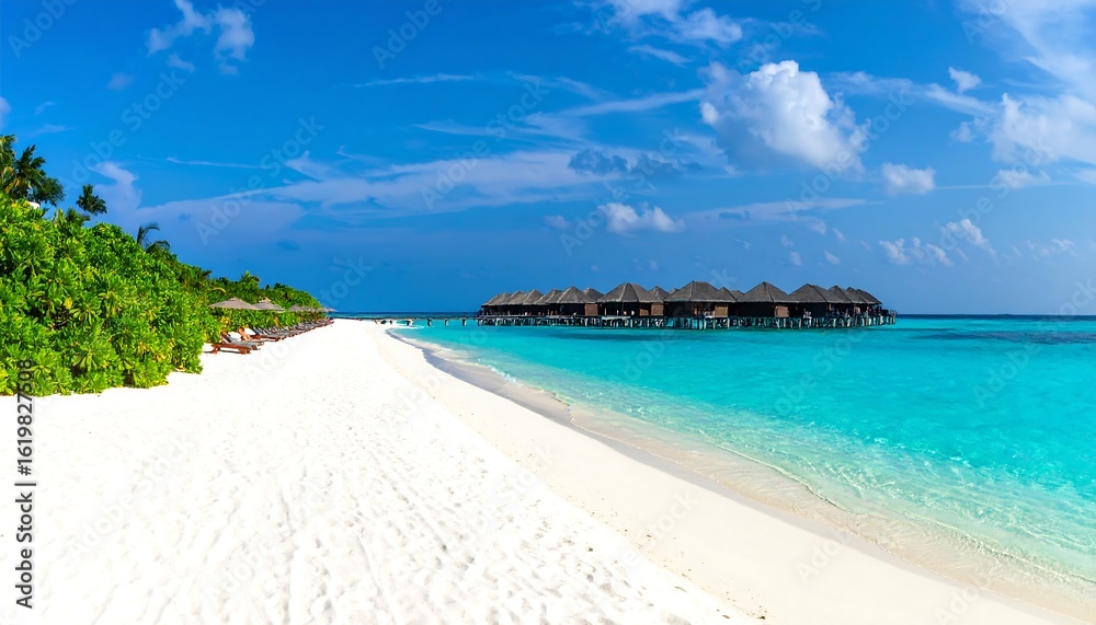 Fototapeta premium Tropical beach paradise with overwater bungalows