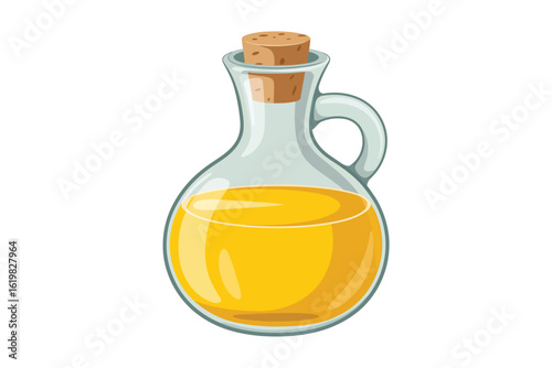 Glass bottle with handle filled with golden cooking oil and cork stopper