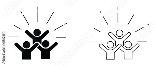 group happy people icon set, party friends. Simple solid style. Active kid, joy, fun team, enjoy concept. happy work friends. Black silhouette, Vector illustration.