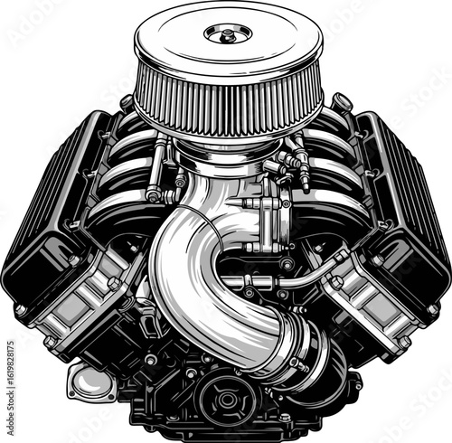 Vector art of v8 engine with air filter isolated on white background