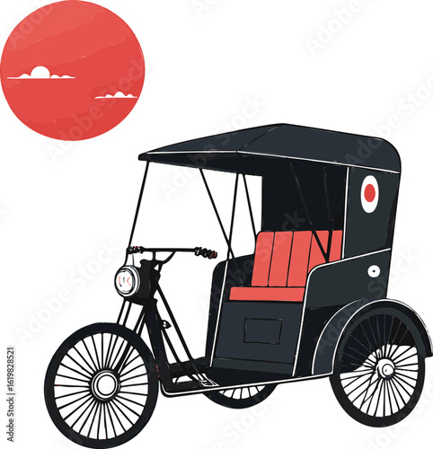 Black and red rickshaw with sun and clouds transportation vehicle