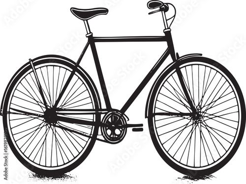 Black and white illustration of a vintage bicycle with detailed spokes and a classic frame retro transportation