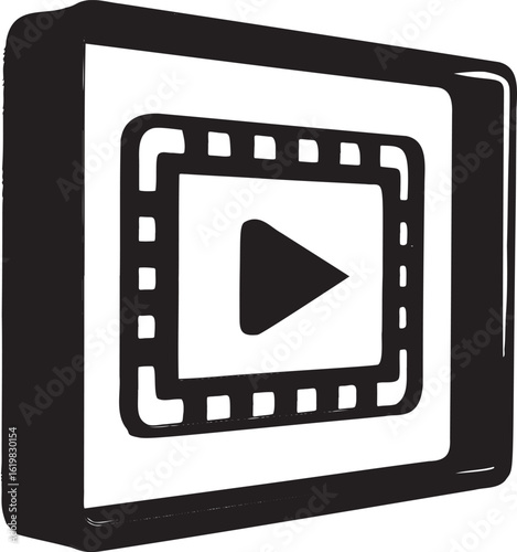 Black and white video player icon with film strip border and play button vector