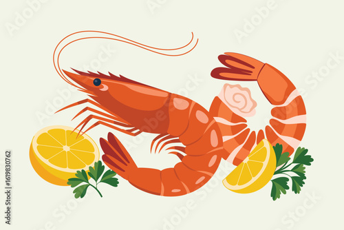 Delicious cooked shrimp with lemon wedges and fresh parsley garnish