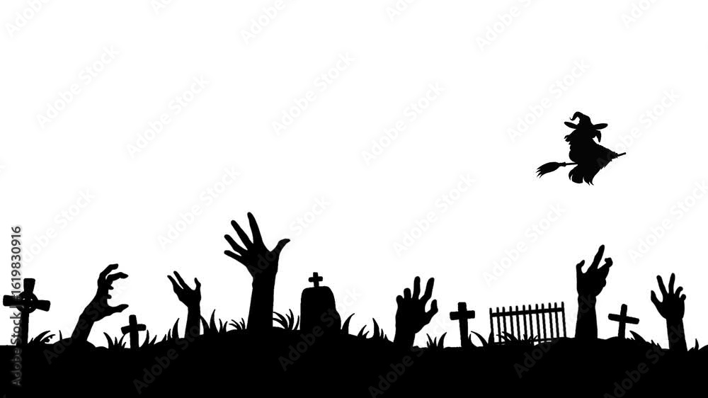 Zombie hand silhouette appearing from grave beside tombstone in spooky cemetery. A witch silhouette flies across the sky. Creepy Halloween horror animation on white background for scary scenes.