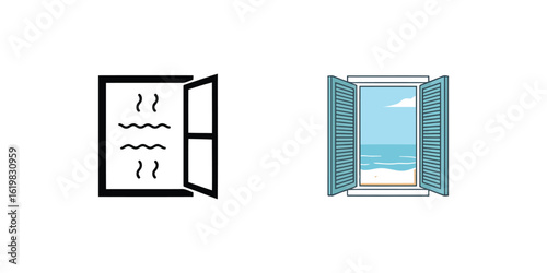 Open Window of the house illustration:  An open window allows a gentle breeze and a view of the beach, and nature scene showing the comfort of the house.