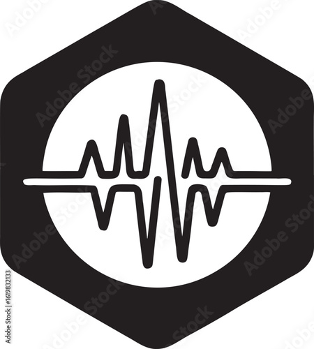Black hexagonal frame with white oval containing jagged waveform abstract audio