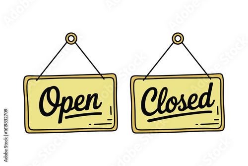 Open or Closed Signs: A pair of open and closed signs on a light yellow background, with each sign clearly displaying its status.