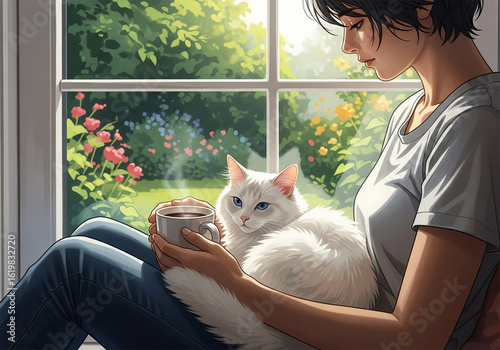 Serene Window Seat: Woman Cat and Coffee in a Sunny Garden.