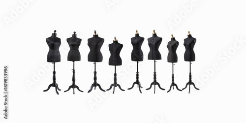 Print  Set of black dressmaker mannequins with various stand designs. Silhouettes of tailor dummies for fashion, sewing, or boutique design on white background. 