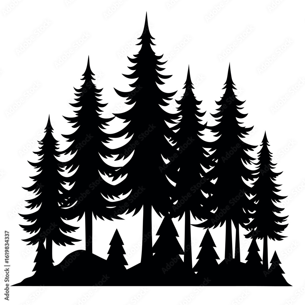 Obraz premium Layered pine forest silhouette isolated on white background
