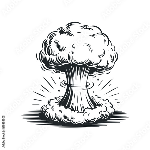 Dramatic Mushroom Cloud Explosion Graphic with Circular Shockwaves. Hand drawn vector illustration