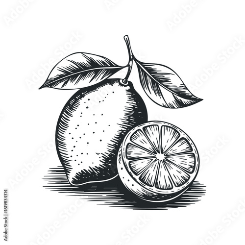 Engraved Style Lemon and Slice with Leaves Black and White. Hand drawn vector illustration