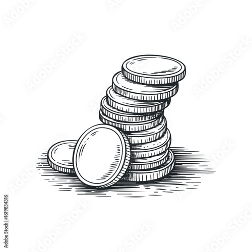 Stack of Metallic Coins in Engraved Style for Finance and Savings. Hand drawn vector illustration