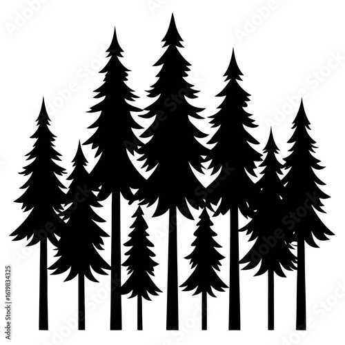 Stylized group of 12 pine trees in dense forest silhouette isolated on white background