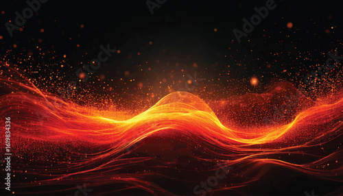 A vibrant abstract background featuring flowing orange and red light waves with sparkling particles against a dark backdrop.