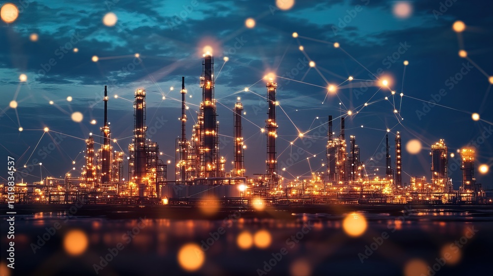 Fototapeta premium Futuristic Glowing Refinery at Night with Connected Dots Concept