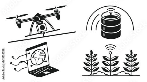 Illustration depicting a drone, database, laptop with earth, and plants with wifi signal in black and white