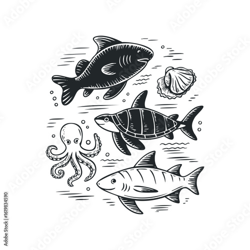 Underwater marine life featuring fish, turtle, octopus, and shell line drawings. Hand drawn vector illustration