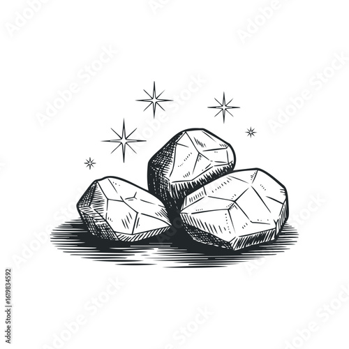 Three Rough Gems Sparkle Against a White Background Hand Drawn. Hand drawn vector illustration