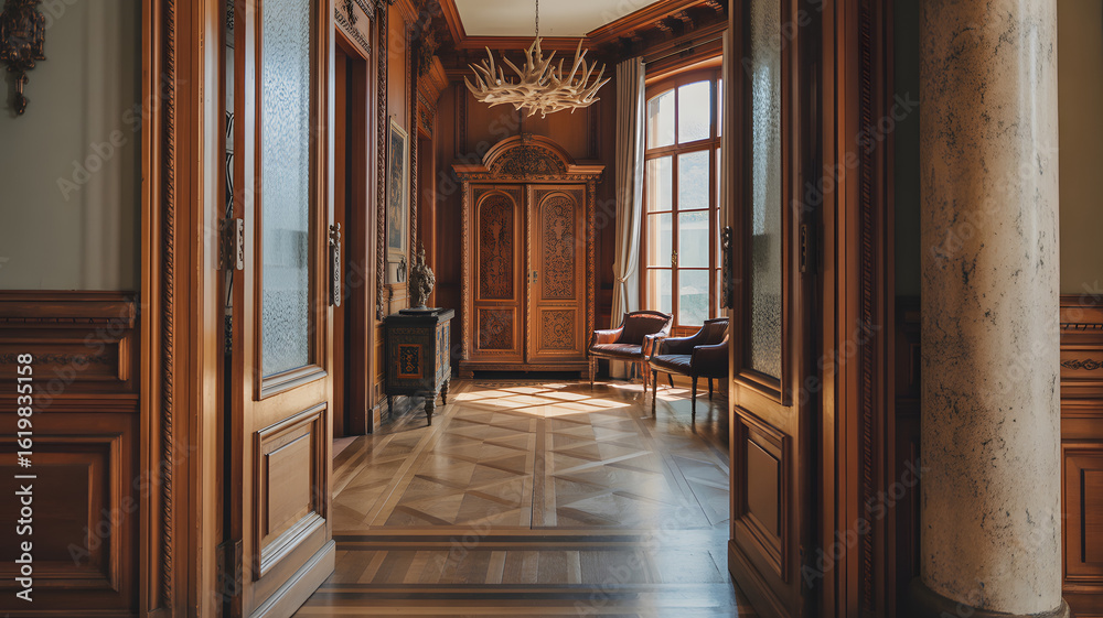 Fototapeta premium Elegant antique interior design with wooden walls, warm light, and inviting seating area, perfect for luxury homes