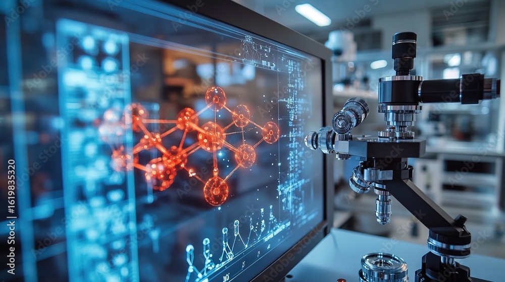 Scientific Modern Microscope with Molecule Structure on the Screen Technology Scientific Modern Microscope with Molecule Structure on the Screen Technology