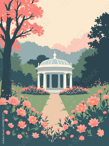 Harrogate, United Kingdom – Valley Gardens pavilion amid autumn blooms in floral pink, iron black, leaf green, and misty gray