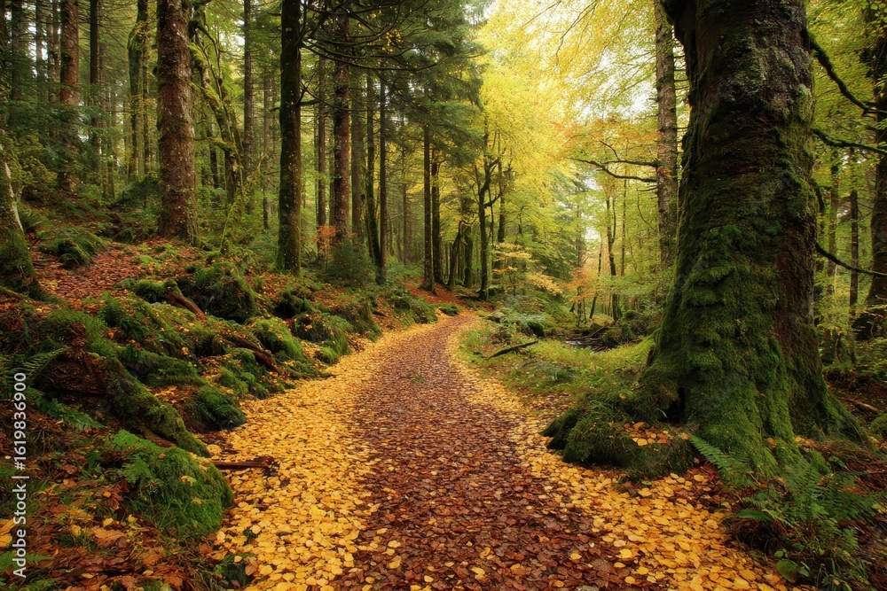 Fototapeta premium Path through Autumnal Forest Sunlight filters through trees; nature background scenery