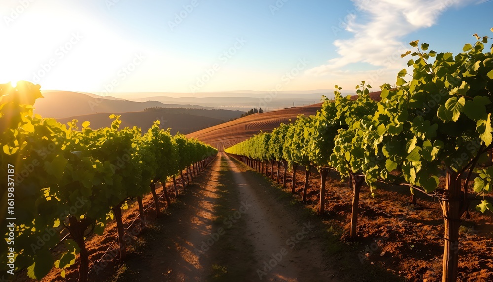 Fototapeta premium A sunlit vineyard path stretches towards the horizon, showcasing lush grapevines.