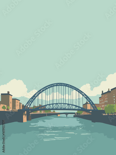 Gateshead, United Kingdom – Sage concert hall curves and Tyne Bridge in sage green, bridge steel, river teal, and sky silver