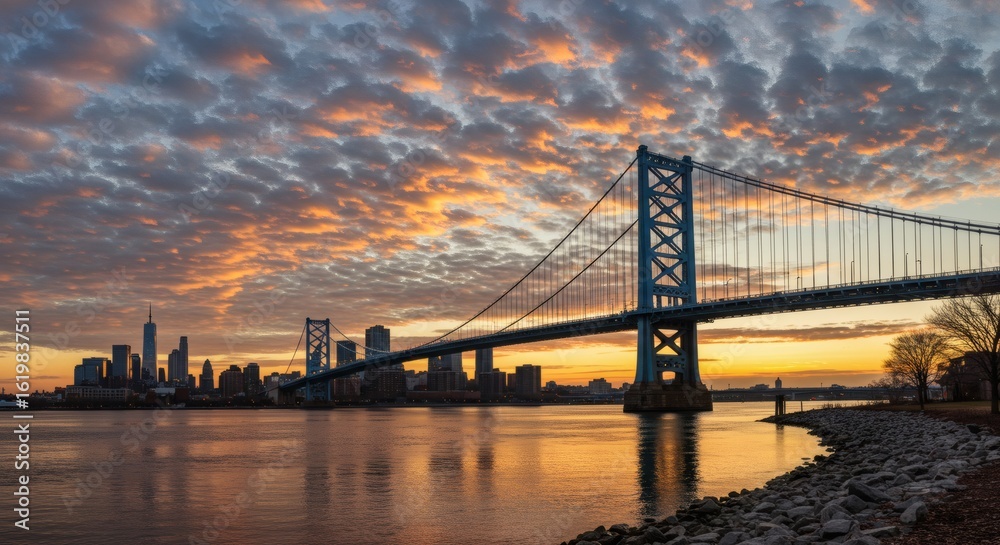 Fototapeta premium Phillys Skyline Shines Ben Franklin Bridge at Dramatic Golden Hour.