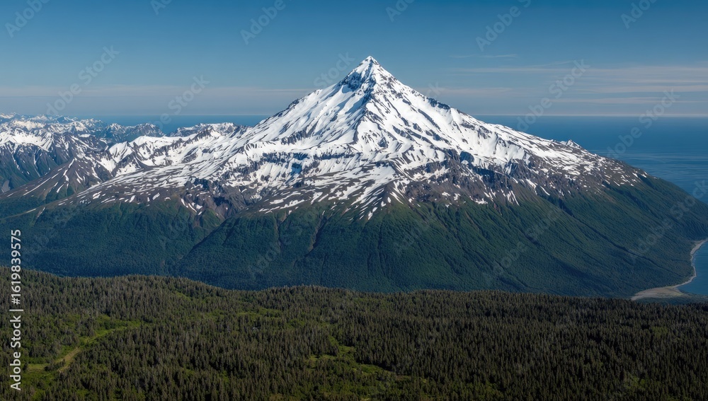 Snow-capped peak dominates a verdant coastal landscape Snow-capped peak dominates a verdant coastal landscape