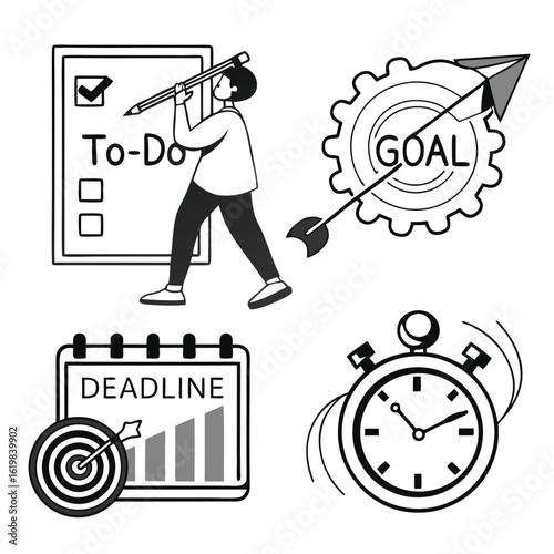 Illustration showing a person with a to do list, goal gear, deadline calendar, and a stopwatch timer