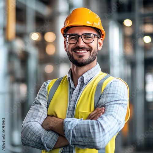 Portrait of factory worker. Young handsome factory worker.