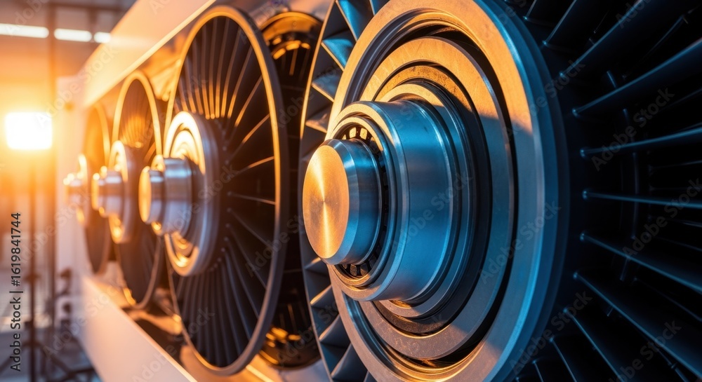 Obraz premium Warm light illuminates the intricate details of turbine blades in a manufacturing facility, showcasing precision engineering and industrial components