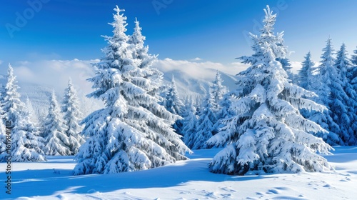 Snow covered trees in a winter wonderland with blue sky and distant mountain peaks on a sunny day