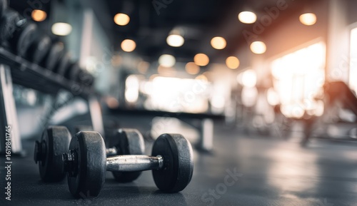 Gym dumbbells on floor, blurred background