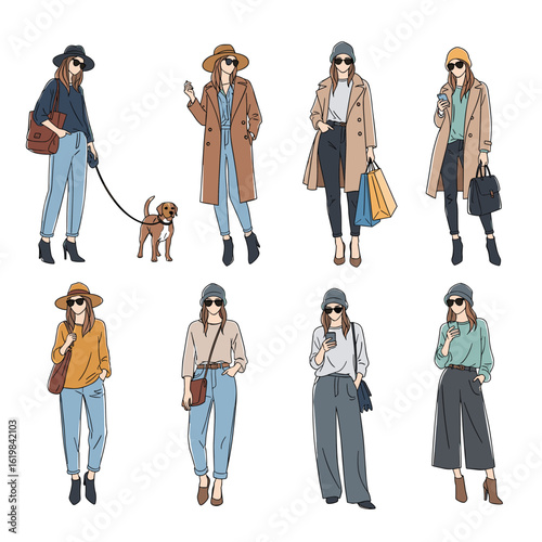 Collection of stylish women in casual outfits demonstrating modern fashion trends and seasonal attire