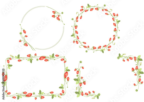 Collection of wreathes with elegance watercolor braches of strawberry and leaves isolated.