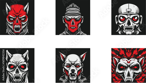 Six stylized monster portraits, featuring various animalistic and human-like faces, in a graphic design style.