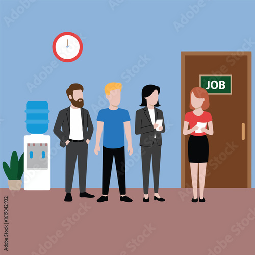 People waiting in line near a water cooler and a door with a job sign in a waiting room area scene