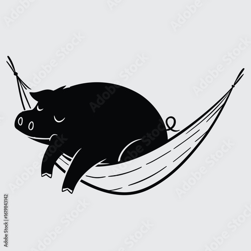 
Sleeping Pig in Hammock Silhouette – Relaxed Farm Animal Vector Illustration