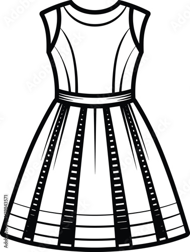 Sleeveless dress silhouette vector—striped flared skirt with fitted bodice and round neckline for fashion design, mockups, and branding