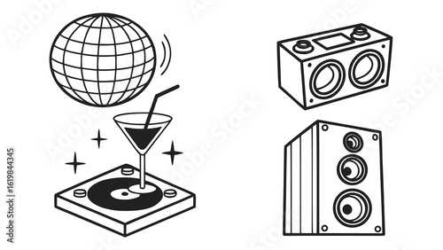 Illustration of a disco ball, a martini glass on a record player, and two speakers in a black and white style