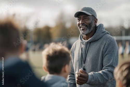 Experienced coach leading a youth team practice with encouragement and guidance outdoors