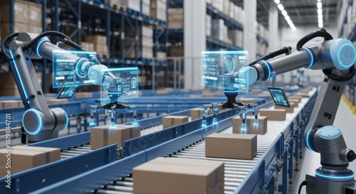 Automated robotic arms integrated with AR for precise package handling in distribution center.